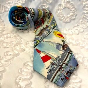 Nicole Miller Silk Vintage Sailing Boating Sporty Classic Fishing Hand Sewn Tie